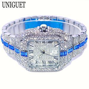 남성용 풀 다이아몬드 시계, 유니깃 브랜드 힙합, 블링 쥬얼리, 스퀘어 드롭쉬핑 손목시계, 패션, 쿼츠