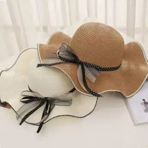 리본 포인트 비치모자 물결라인 여자캡모자 왕골 모자 넓은 와이드 챙모자