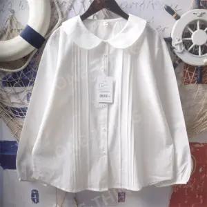 둥근 단추 카라셔츠 티셔츠 거즈면사 흰색블라우스 여성