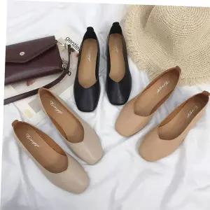 편한신발 여성 사각코 우드굽 플랫슈즈 낮은굽 정장 구두 3cm