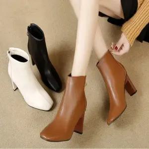 여자 3컬러 스퀘어코 데이트룩 지퍼 레더 앵클부츠 여성앵클부츠 지퍼앵클부츠