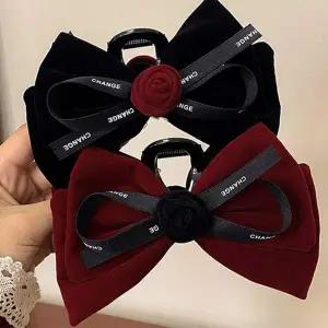 여성 655AXQ32 고급 벨벳 리본 장미 꽃봉우리 집게핀 헤어핀