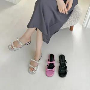 리본 포인트 뮬 여름 신발 여성 가죽 패션 슬리퍼 zgT3+3lRO