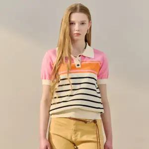 [MAXZA] 배색 스트라이프 카라 반팔 니트