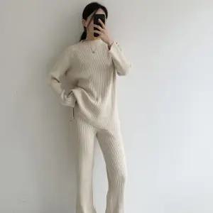 부드러운 여성 골지 니트 팬츠 세트 긴팔 투피스 셋업