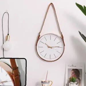 원형 벽걸이 시계 가죽 끈 장식 무소음 인테리어 소품 거실 침실 카페 북유럽