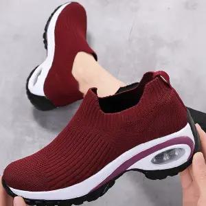 여성 니트 슬립온 에어쿠션 워킹화 초경량 데일리 운동화 통기성 스트라이프 패턴