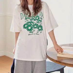 플라워 프린팅 오버핏 반팔 티셔츠 면 라운드넥 여성 빅사이즈