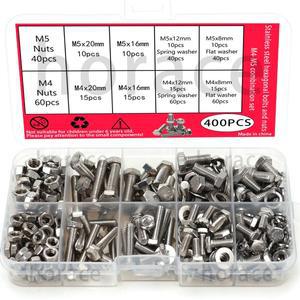 400개 스테인레스 스틸 육각 볼트 및 너트 조합 세트 M4 M5 머리 - 플랫 와셔 스프링 포함b