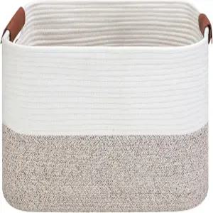 가죽 손잡이가 있는 작은 면 로프 보관 바구니 15 L x 11.5 W 7.5 H 홈 데코 내구성 있고 스타일리시한