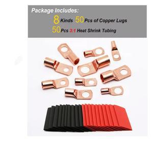 100개 구리 단자 커넥터 AWG 10 수축 케이블 배터리 러그 12 키트 튜브 50개