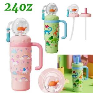 호환 24온스 스테인리스 스틸 고래 분수 텀블러 손잡이 음료 컵 새지 않는 고래 총 컵 빨대 포함