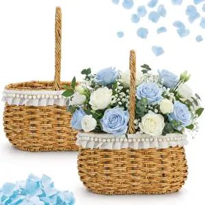 WRINGKIT 플라워 걸 바구니 세트 2개 손잡이가 달린 위커 라탄 걸을 위한 소박한 장식용 웨딩 홈 데코용