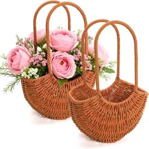 조굿 2팩 위커 플라워 걸 바구니 결혼식용 작은 소박한 하프 문 라탄 선물 손으로 짠 꽃 화분 부활절 피킹