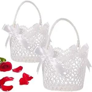 WILLBOND 웨딩용 플라워 걸 바구니 2피스 작은 흰색 웨딩 꽃잎 색종이 5.90 x 4.72 4.33 인치(실크 리본