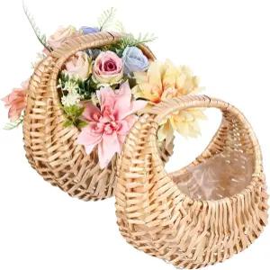 플라워 걸 바구니 2종 세트 손잡이가 달린 작은 위커 웨딩 플라워용 라탄 색종이 조각 사탕 장식 및 선물