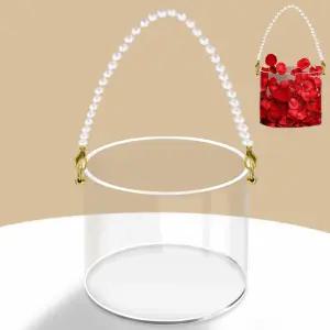 1Pcs 원형 플라워 걸 바구니 클리어 웨딩 진주 손잡이가 달린 아크릴 바구니로 색종이 결혼식을 위한