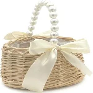 진주 손잡이가 달린 위커 라탄 플라워 걸 바구니 새틴 보크노트 웨딩 및 홈 장식