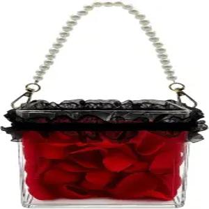 진주 손잡이가 달린 웨딩 플라워 걸 바구니 클리어 레이스가 꽃잎 색종이 장식용 꽃꽂이 용기