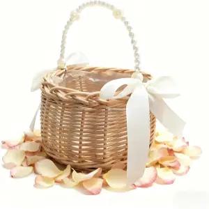 진주 손잡이가 달린 신코라 플라워 걸 바구니 결혼식을 위한 장식용 활이 작은 위커 파티 홈 앤 가든 장식