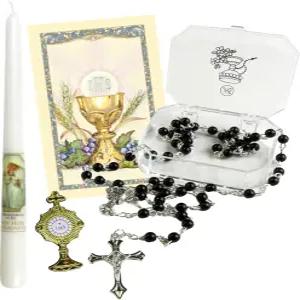 촛불 검은 묵주 라펠 핀 기도 카드가 포함된 첫 번째 성찬식 세트 소년을 위한 가톨릭 선물 디어 (4팩)