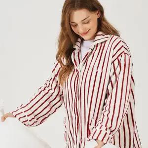 오셀픽 스트라이프 극세사 파자마 여성 남성 잠옷 홈웨어, 번 레드