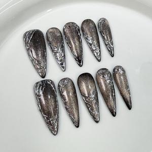 10개입 달콤하고 시원한 연보라색 롱 패션 네일 반짝이는 그라데이션 캣아이 인조 손톱 메탈릭 핸드메이드