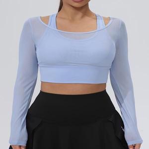 여성용 긴 소매 메쉬 크롭 스포츠 브라 탑 - 스타일리시하고 통기성이 있으며 패드가 있는 컵