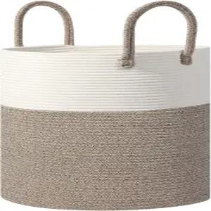 손잡이가 있는 대형 면 로프 보관 바구니 60리터 용량 화이트 브라운 15x20인치 거실 세탁 장난감 담요용