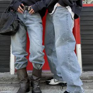 남자 여자 세미와이드 구제 워싱 데미지 청바지