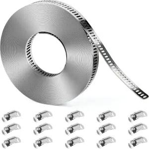304 스테인리스 스틸 호스 클램프 DIY 키트 26FT 조절 가능한 금속 스트랩 15개의 고정 장치 대형 웜 기어