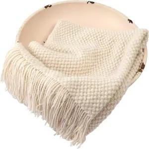 신생아 사진 담요 - 바구니 그릇용 니트 포즈 소품 부드러운 중성 아크릴 실 (크림색)