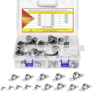 아키히사 220Pcs 14사이즈 파이프 스트랩 클램프 모음 키트 M5M40 2홀 U 튜브 304 스테인리스 스틸 세트