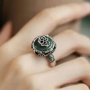 오픈형 연꽃 만자문 실버 S925 녹옥 비취 옥 반지