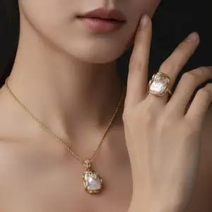 [콩심팥심]바로크 담수진주 18K 골드 도금 목걸이 반지 세트구성