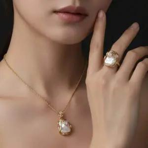 [셀러에이드]바로크 담수진주 18K 골드 도금 목걸이 반지 세트구성