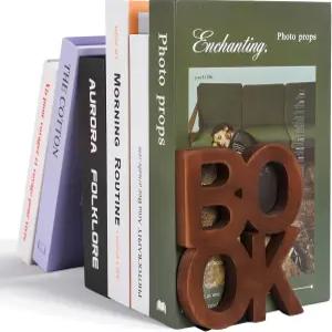 Whaline 2PCS 책 나무 러스틱 번트 브라운 장식 책꽂이 스키드 조각이 없는 블록 글자가 무거운 홈 스쿨