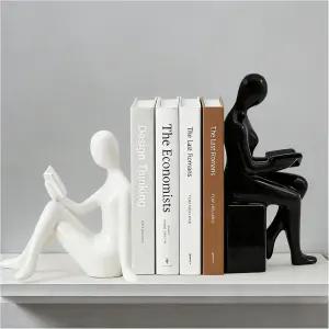 장식용 북엔드 세트 선반용 세라믹 홈 오피스 에스테틱 북 스토퍼 책장 침실 거실 독서용 책꽂이 동상(블랙