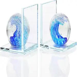 아리키리스트 1쌍 크리스탈 북엔드 핸드 블로우 오션 웨이브 볼 유리 장식 비 스키드 책장 오피스 홈