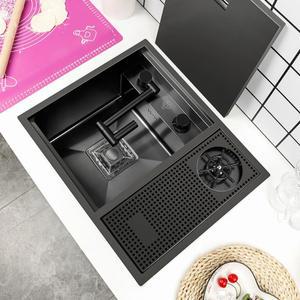 나노 숨겨진 바 주방 싱크 블랙 접이식 수도꼭지 컵 세탁기 미니 단일 그릇 분지 스테인레스 스틸 비누 디