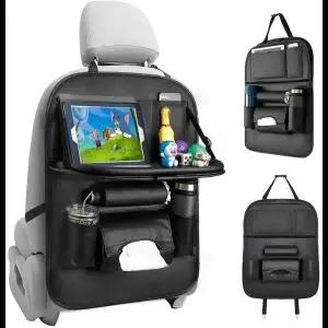 호환  접이식 테이블 트레이가있는 카시트 백 주최자 포켓이있는 PU 가죽 보관 주최자 킥 매트 시트 인테리