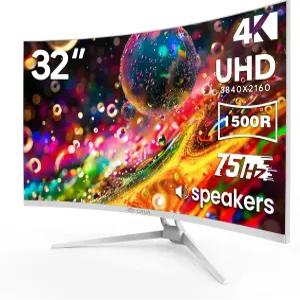 CRUA 32인치 화이트 커브드 모니터 4K UHD(3840*2160P) 1500R VA 화면 75Hz 컴퓨터 모니터는 AMD 프리싱크