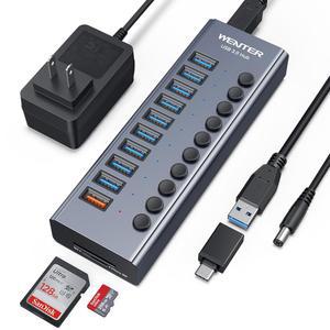 WENTER 전원 허브 USB 카드 노트북용 9개 데이터 1개 포트 SD 리더 전송 TF PC 고속 알루미늄 10포트 충전