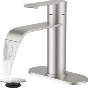 FORIUS 브러시드 니켈 욕실 수도꼭지 1홀 폭포 3홀 어댑터 데크 플레이트가 있는 싱글 레버 화장실 싱크대