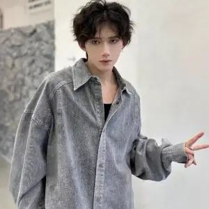 샤오원샵 남친 그레이 청 빈티지 셔츠 트리밍 키작남 워싱 꾹1