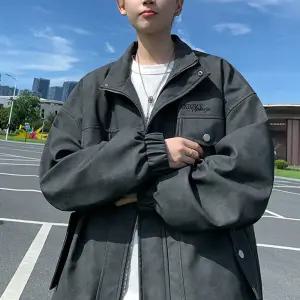 남사친 가을 항공 PU가죽자켓 심플데일리룩 자수 점퍼 야상 레터링 라이더 OOTD3