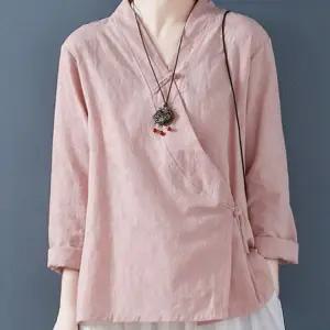 개량한복저고리 여성 린넨 코튼 긴팔 저고리 법복 생활한복 퓨전 블라우스 스카이블루 M 45-55(kg)