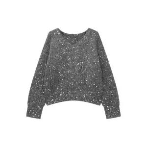 럭셔리 샤이닝 반짝이 니트 루즈핏 스웨터 여자 글리터 펄 스팽글 트윙클 크리스마스 빈티지 그레이 S