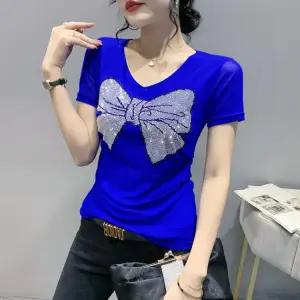 라인댄스복 상의 반팔 슬림핏 프린트 티셔츠 리본포인트 블루 M