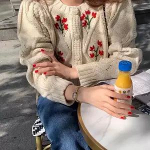 빈티지 소매 플라워 자수 카디건 니트 스타일 따뜻한 여성 자켓 가을 겨울 레트로 스웨터